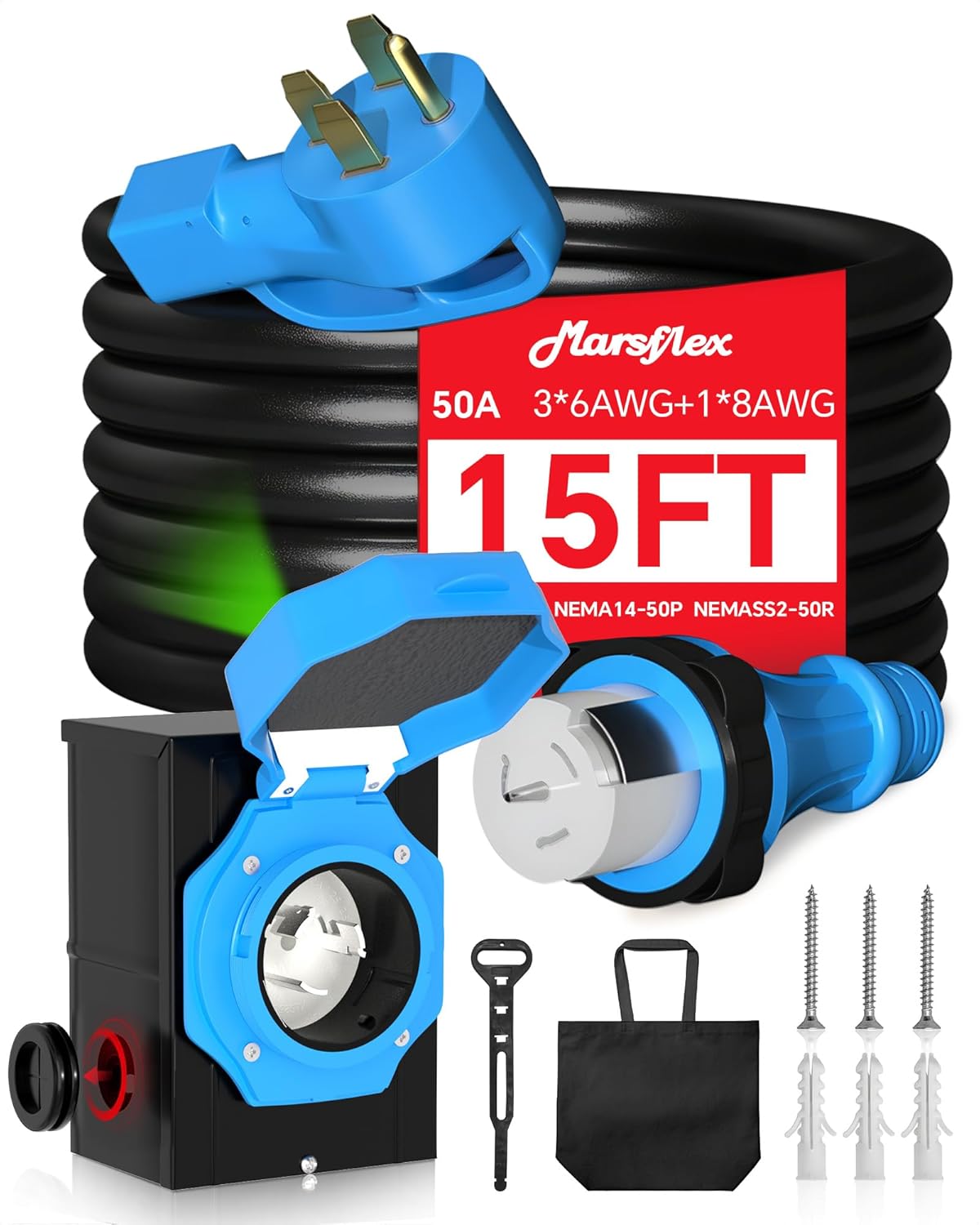 Marsflex 15FT 50 Amp Generator Cord and Power Inlet Box Kit, Pre-Drilled Inlet Box with NEMA 14-50P / SS2-50R Generator Cord, for 125/250 Volt 12500 Watts, Weatherproof Outdoor to House, ETL Listed