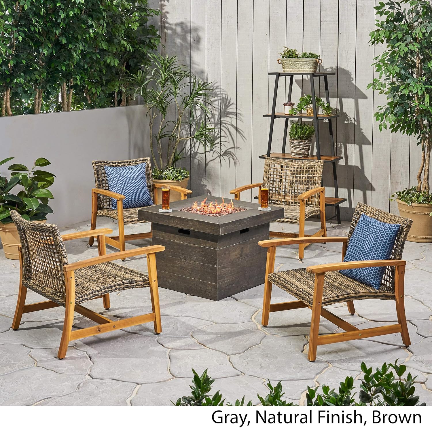 GDFStudio Outdoor 5 Piece Wood and Wicker Club Chairs and Fire Pit Set, Gray and Brown
