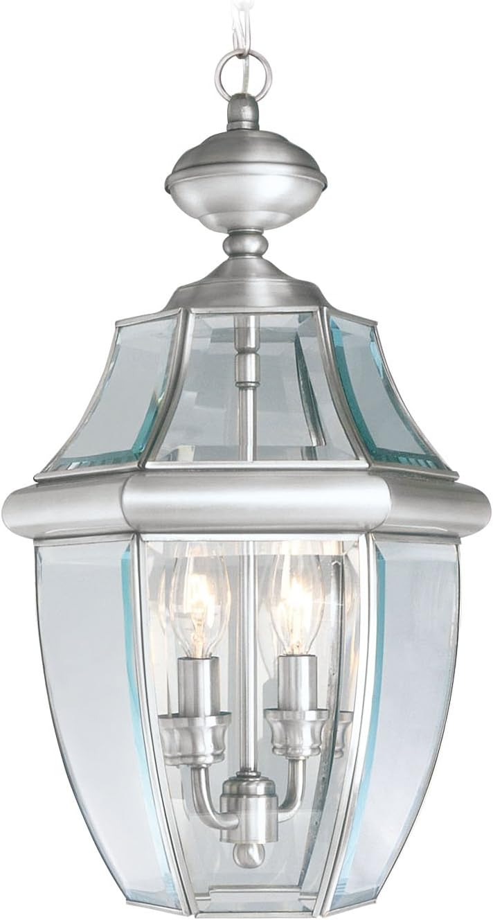 Livex Lighting 2255-91 Monterey 2 Light Outdoor Brushed Nickel Finish Solid Brass Hanging Lantern with Clear Beveled Glass