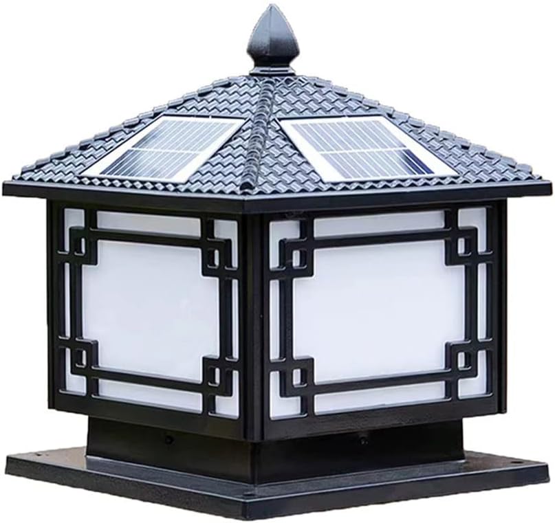 Chinese Outdoor Courtyard Solar Post Cap Light Pier Mount Vintage Post Lamp Square Wall Pillar Headlight for Fence Deck Patio Garden Decor Fits Posts