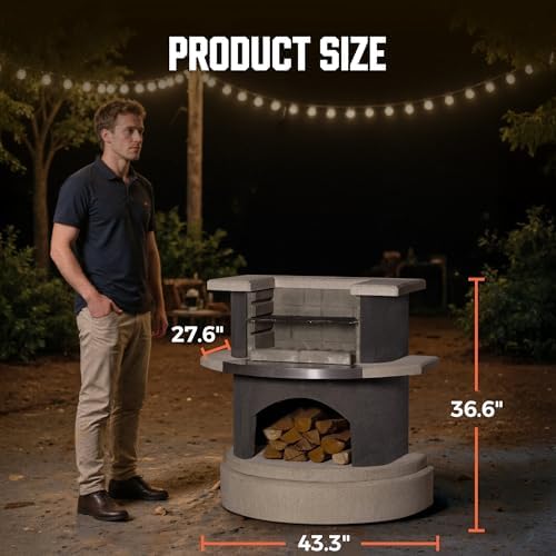 Concrete Outdoor Fireplace with Grill, Wood Burning Fireplace with Wood Storage and Chimney, Include Grill Rack & Charcoal Pan, 36.6