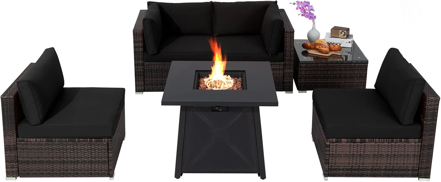 COSTWAY 6 Piece Patio Furniture Set with 30'' Fire Pit Table, Outdoor Wicker Rattan Sectional Conversation Set with 4'' Thickened Cushions, Armless Sofa and Side Coffee Table (Black)