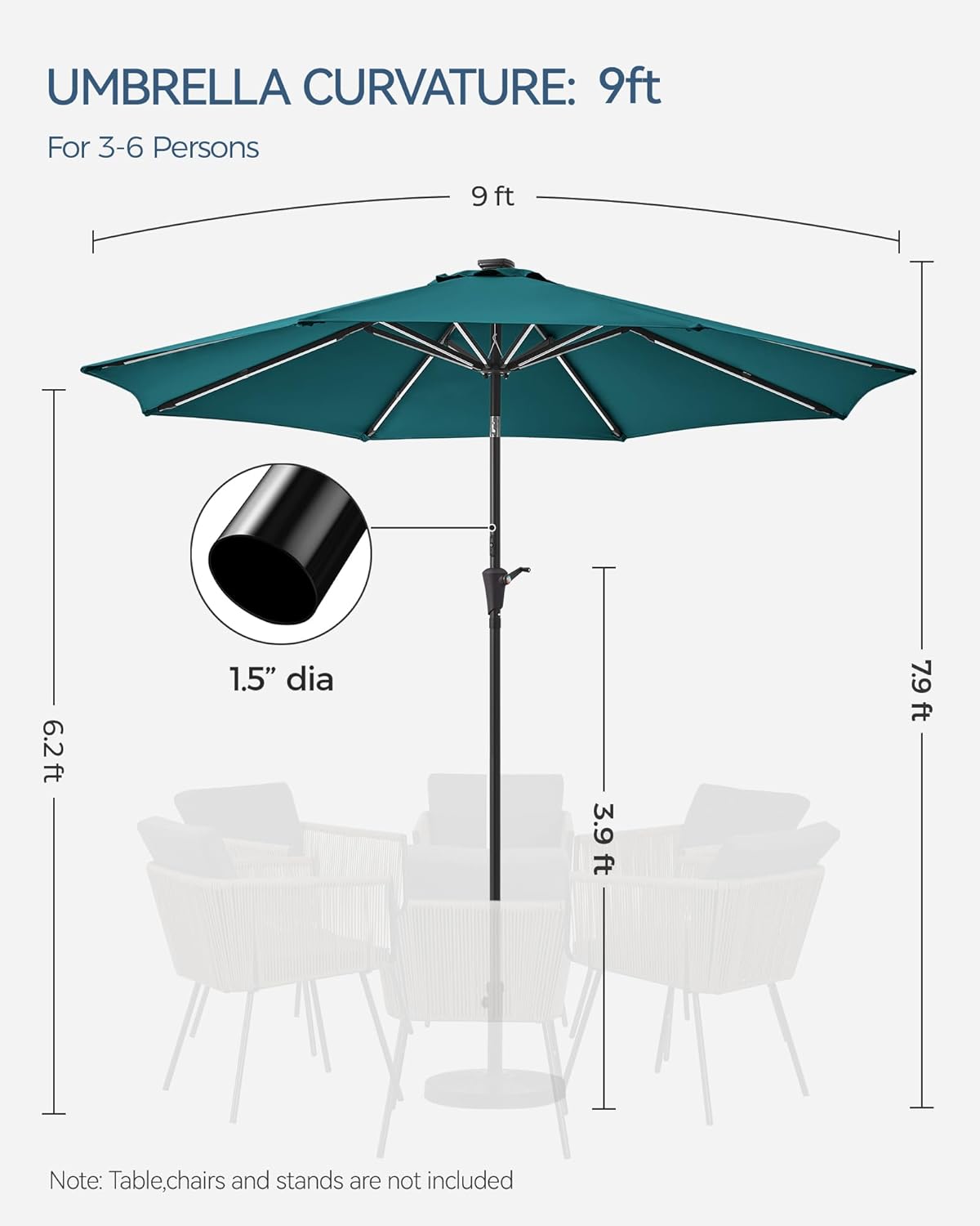 9 ft/10 ft Outdoor Patio Umbrella with Solar Lights, Solar+Power Bank Charging, Large Heavy Duty Beach, Pool, Deck, Market,Table Umbrella, 8-Rib Windproof, Fade Resistant, 30° Tilt & Crank
