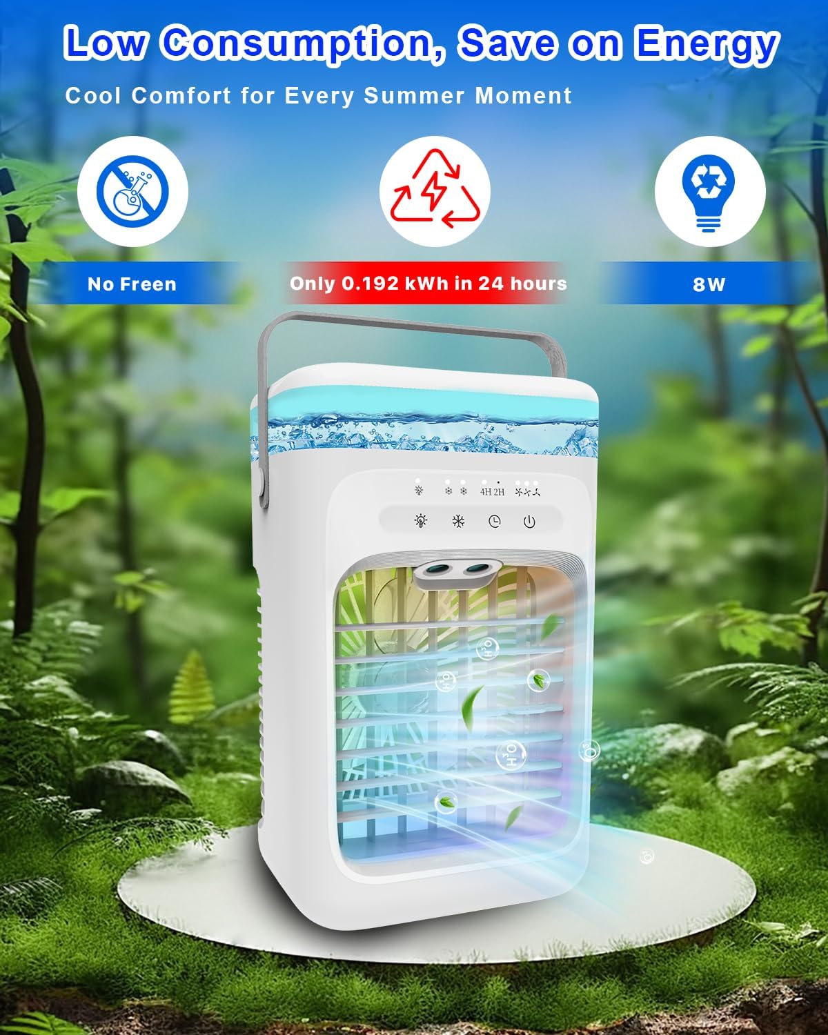 Portable Air Conditioners, 2025 Upgrade Evaporative Air Conditioner Air Cooler with 3 Wind Speeds, 2-4H Timer, 7-Color LED, Eco-Friendly Mini Cooling Fan for Home, Bedroom, Office, and Travel,White