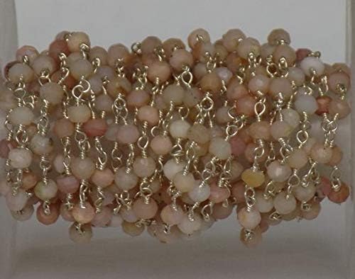 JEWELZ 5 feet natural pink opal shaded beaded chain - silver plated wire wrapped chain - faceted rosary beaded 3-4mm