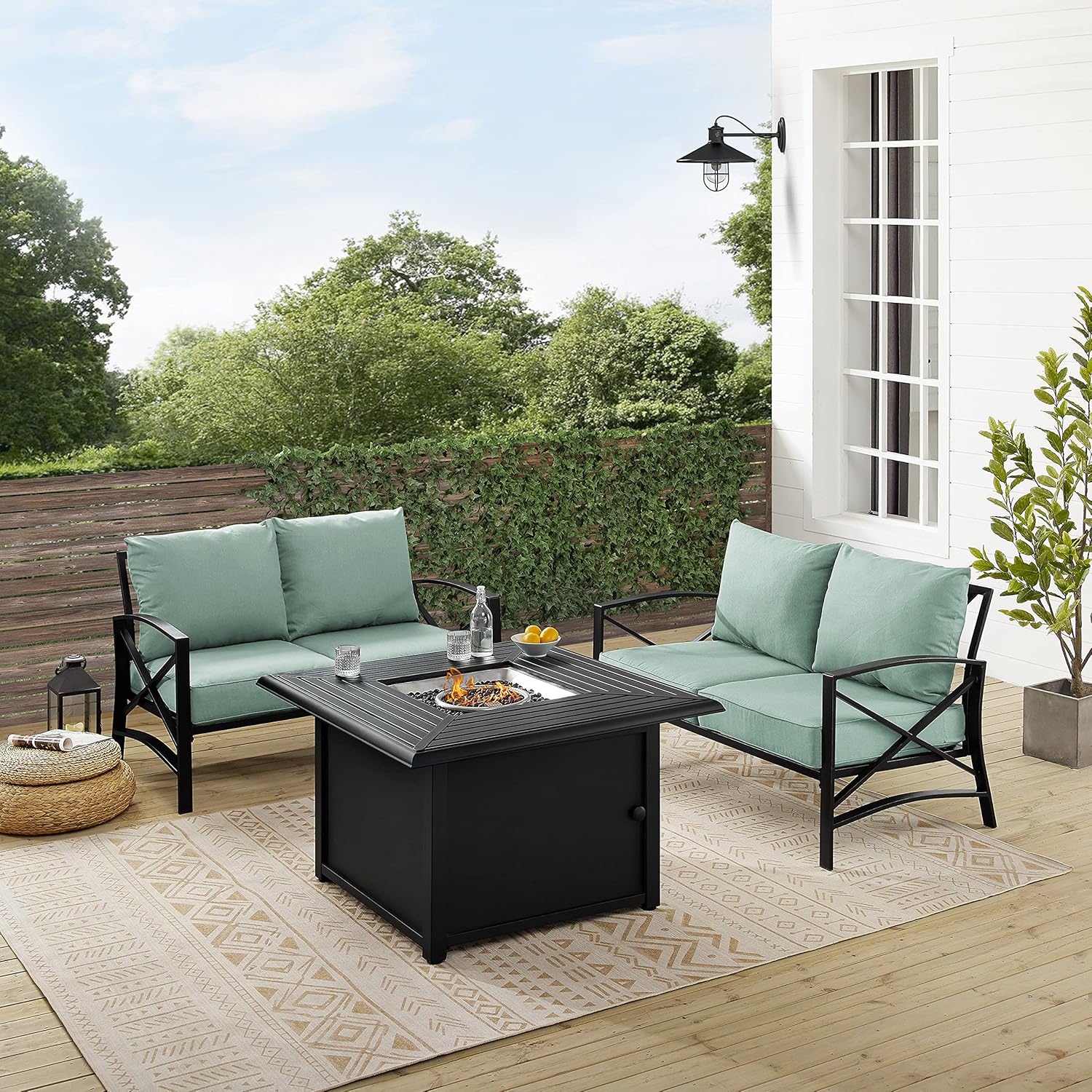 Crosley Furniture Kaplan 3-Piece Outdoor Loveseat Patio Furniture Set with Propane Gas Fire Pit Table, Oiled Bronze with Mist Cushions