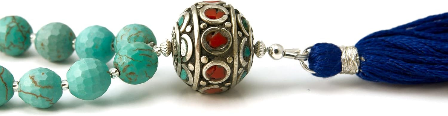 33 Magnesite Tasbih Muslim Prayer Beads with Nepalese Bead and Blue Tassel