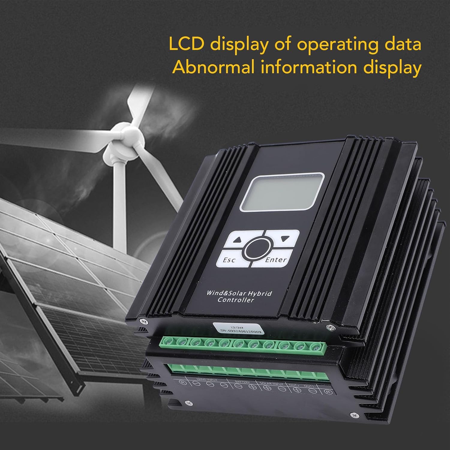 Hybrid Wind Solar Charge Controller 12V / 24V MPPT, LCD Display, 1000W Power Boost - Intelligent Regulator, Multi Load Modes, Ideal for Home and Marine Systems (600W Fan)