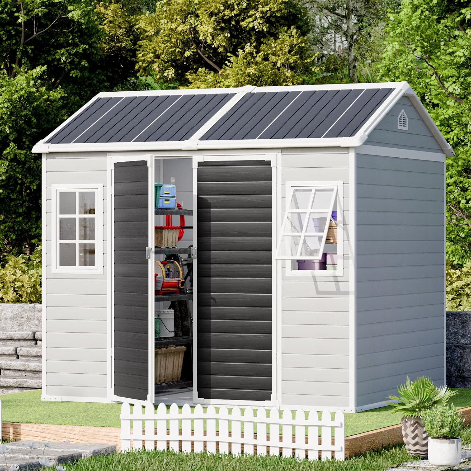 CDCASA 8x6 FT Resin Storage Shed with Floor Included, Large Waterproof Outside Plastic Storage Sheds with Base, 2 Adjustable Openable Windows,for Backyard Patio Lawn, Dove Gray