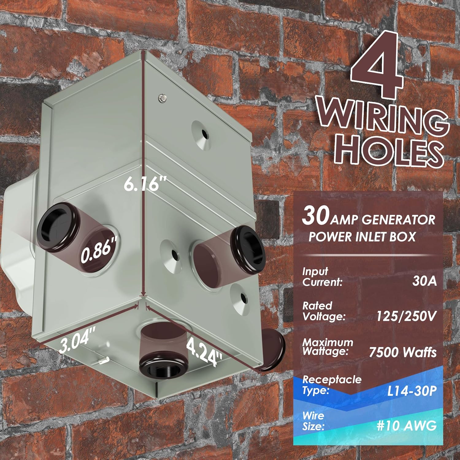 CircleCord 4 Prong 30 Feet 30 Amp Generator Extension Cord and Inlet Box with Locking Connector, Heavy Duty NEMA L14-30P/L14-30R, 125/250V 7500W 10 Gauge SJTW Generator to House Power Cord