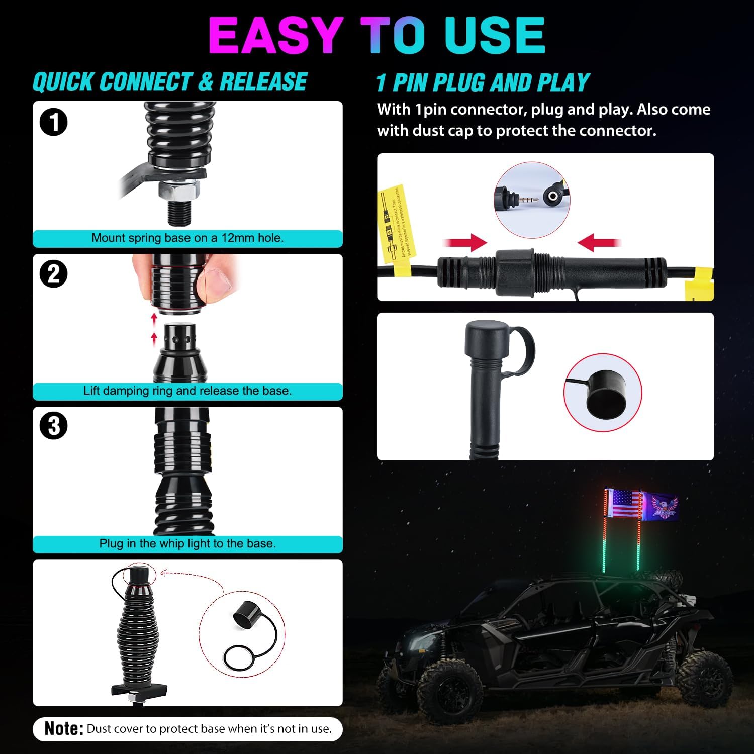 Nilight LED Whip Light 2 PCS 3FT COB RGB Lighted Antenna Whips with Spring Base Remote & App Control DIY Patterns Turn Brake Reverse Lights for Can-am Offroad ATV UTV RZR Polaris Dune Buggy Truck