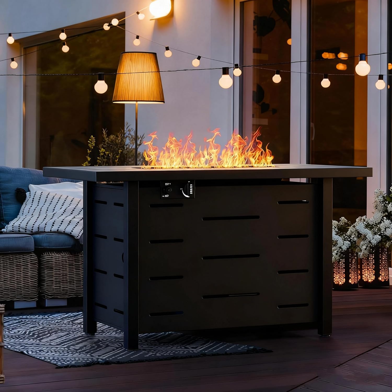 43 Inch Propane Fire Pit Table, 50,000 BTU Steel Gas Fire Pit with Steel Lid & Lava Rocks, 2-in-1 Outdoor Fire Table for Patio, Deck, Garden & Backyard, Black