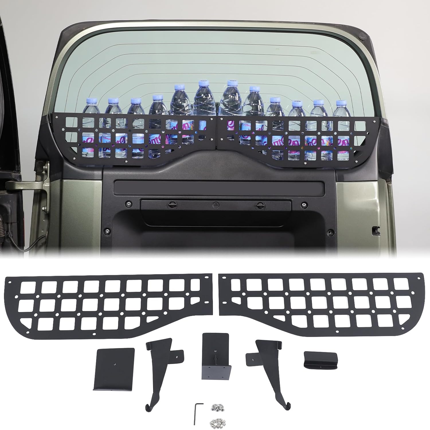 Car Rear Tailgate Window Molle Storage Panel Shelf Compatible with Land Rover Defender 90/110/130 2020-2025 2026, Rear Trunk Door Window Organizer Storage Bracket Cargo Rack Modular System Accessories