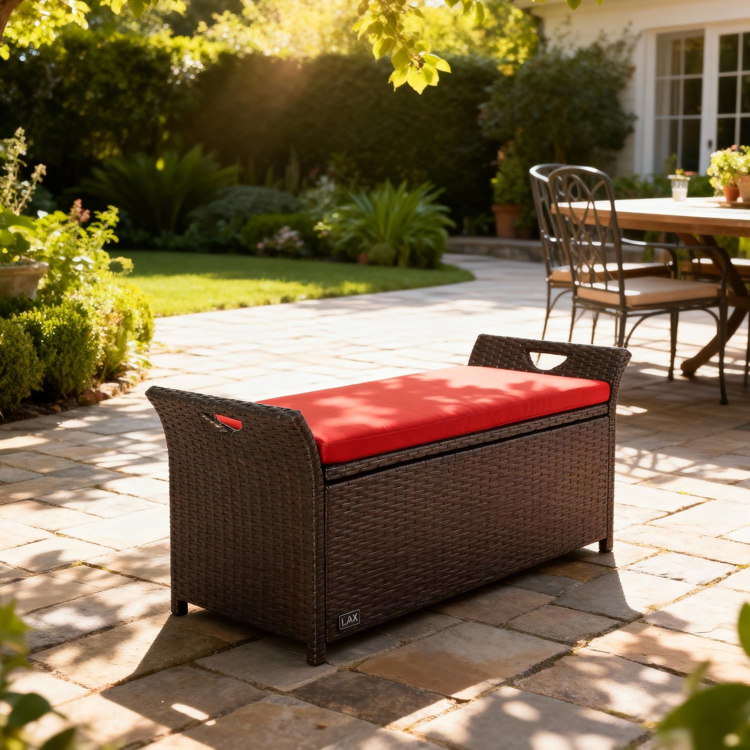 Ulax furniture Outdoor Storage Bench Rattan Style Deck Box w/Cushion