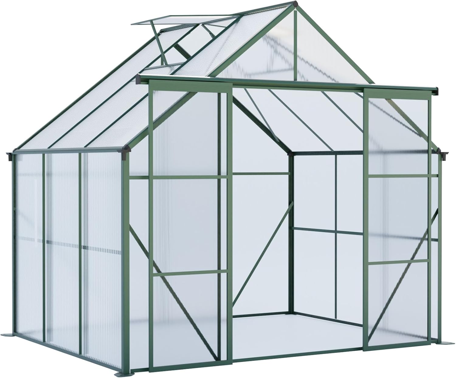 8x6FT Walk-in Polycarbonate Greenhouse with Heavy-Duty Aluminum Frame – Raised Base, Dual Sliding Doors & Adjustable Roof Ventilation, All-Season Garden Green House for Backyard (Green 8x6FT)