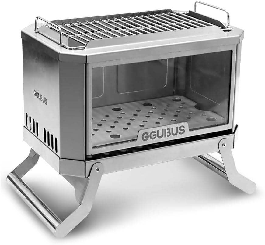 GGUBUS Stainless Steel Dual Stove XL – Foldable Camping Fire Pit with Tempered Glass Panel Option, 2-in-1 BBQ Grill & Bonfire, Tool-Free Assembly, Carrying Case (Tempered Glass Panel Only)