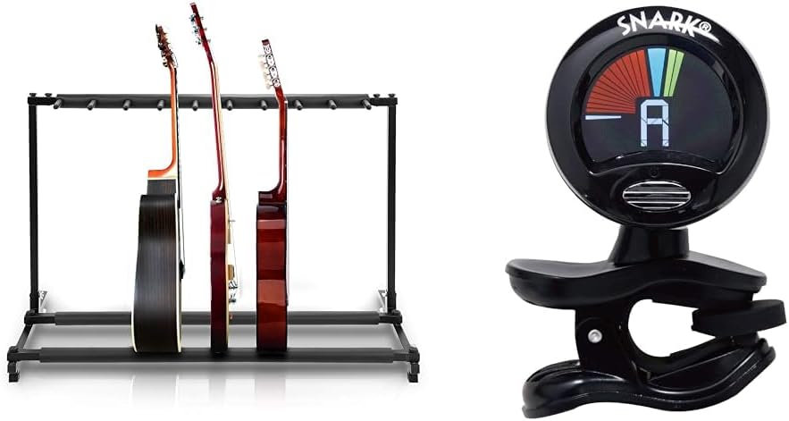 Pyle 9 Guitar Stand Portable Collapsible Rack Holder for Acoustic Electric Bass Guitar & Snark SN5X Clip-On Tuner for Guitar Bass Violin