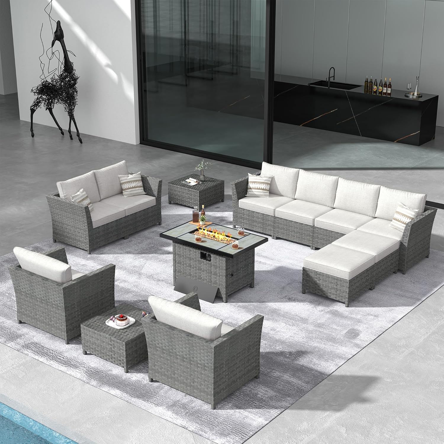 Patio Furniture Set with Propane Fire Pit Table, 13 Pieces PE Wicker Outdoor Conversation Set Sectional Sofa for Casual Gathering (Bold Stripe, Beige)