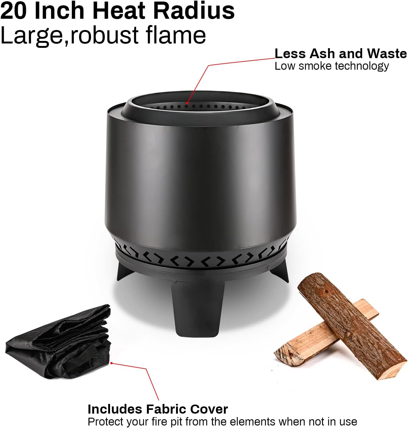 20 Inch Smokeless Fire Pit for Outside, Wood Burning Low Smoke Firepit with Removable Ash Pan, Outdoor Portable Bonfire Stove Fire Pits for Patio Backyard Cooking