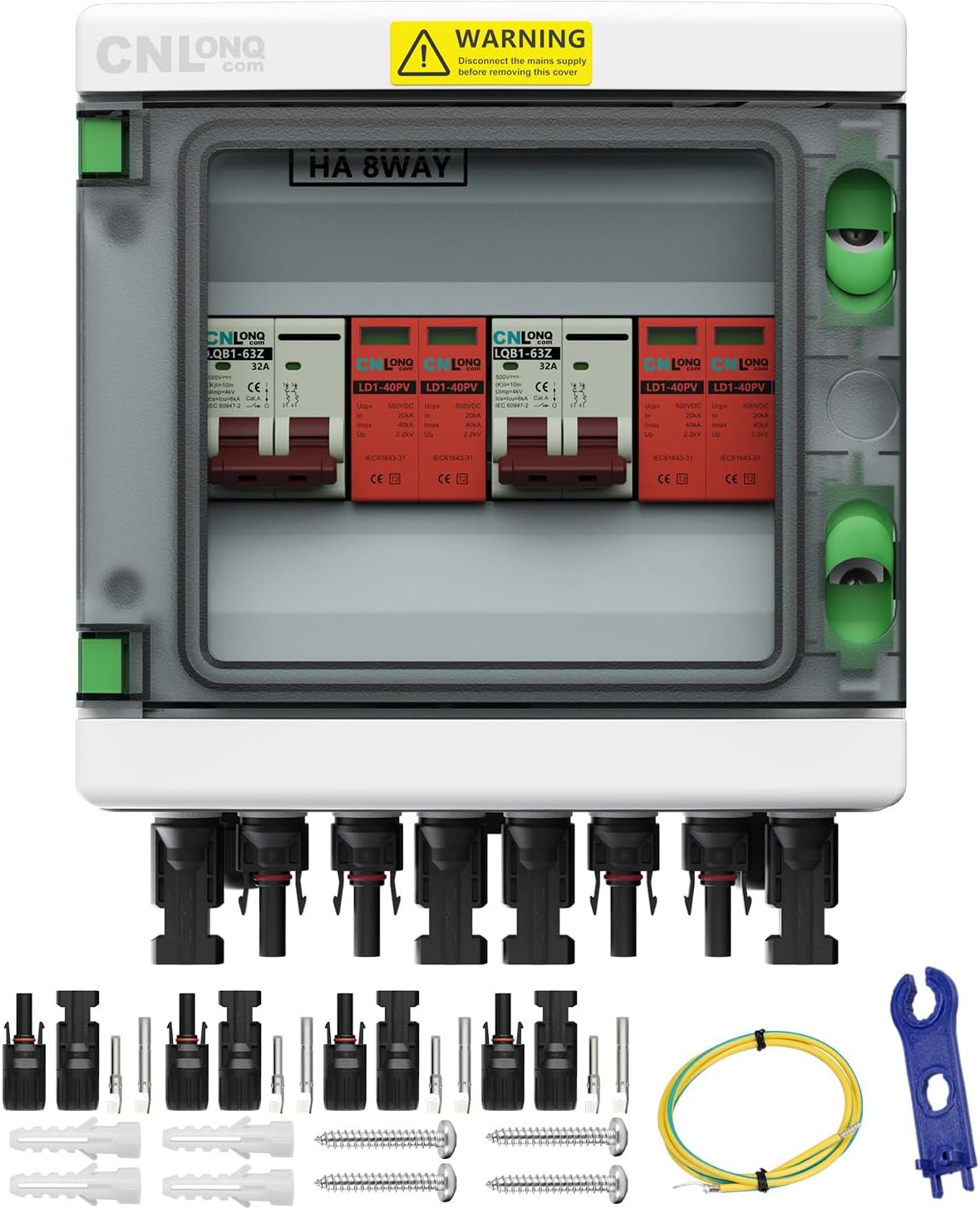 2 Strings Solar Disconnect Switch 32 Amp DC 500V Circuit Breaker with Lightning Surge Protector Arrester and IP65 Waterproof PV Combiner Breaker Box 2 in 2 Out for Solar Panel System