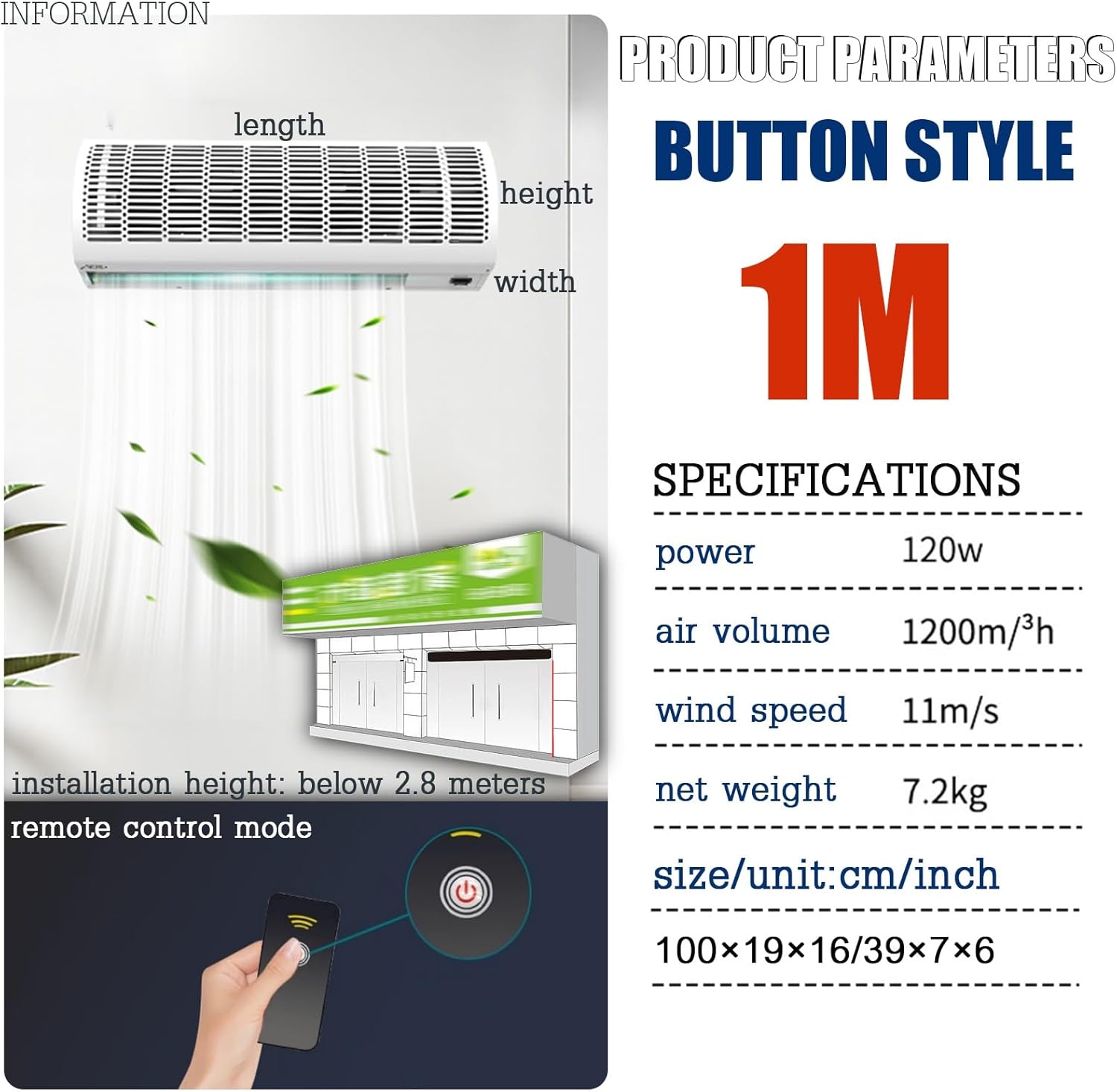 Air Curtain,Commercial Silent Door Air Curtain Machine, Energy-Saving Remote Control Black, Available in 1.5/1.8/2 Meters(1m)