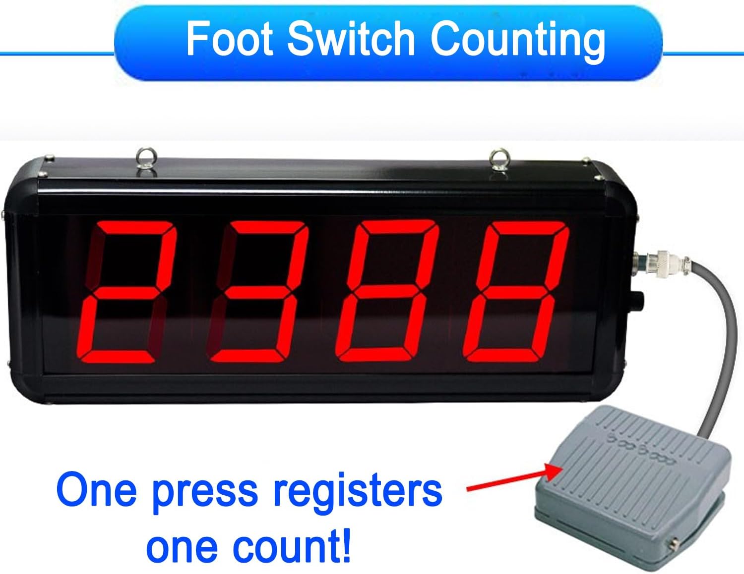 4-Digit Digital Electronic Counter, LED Red Display Digital Counter 0-9999 with Foot Pedal, Production Line Counting Screen, for Factories and Workshops, Airports Stations/Breeding Farm/Conveyor Belt