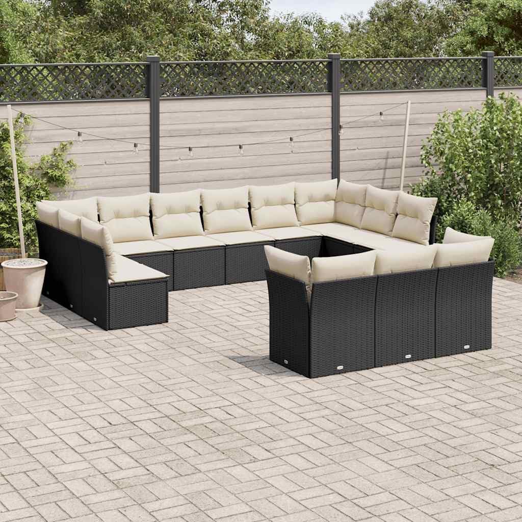 13 Piece Garden Sofa Set with Cushions, Black and Cream White Modular Outdoor Furniture, Weather Resistant Poly Rattan Patio Seating with Storage