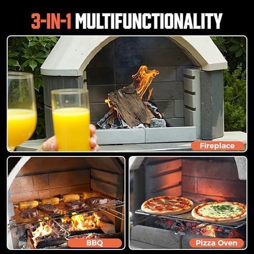 Concrete Outdoor Fireplace with Grill, Wood Burning Fireplace with Wood Storage and Chimney, Include Grill Rack & Charcoal Pan, 81.9”H