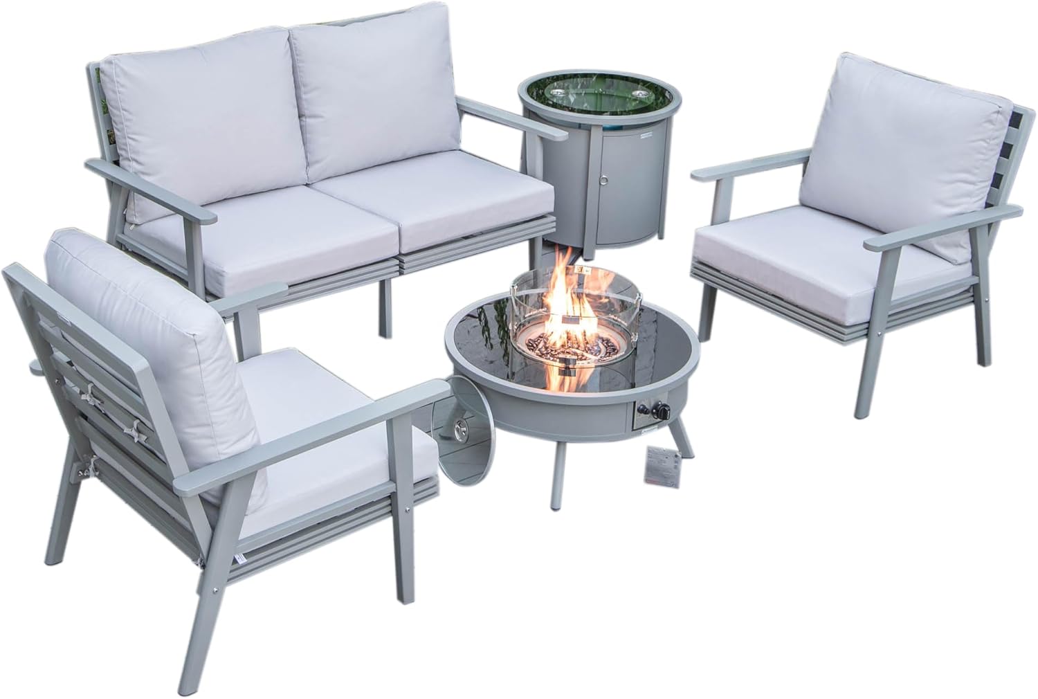 LeisureMod Walbrooke Modern Aluminum 5-Piece Patio Conversation Set with Outdoor Round Firepit Side Table Tank Holder, Light Grey