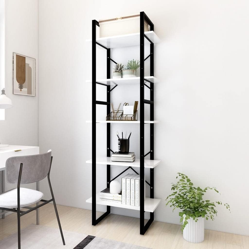 5-Tier Industrial White Bookcase 23.6 x 11.8 x 68.9 in Engineered Wood & Metal Matte Finish Modern Tall Book Shelf for Living Room Home Office Bedroom