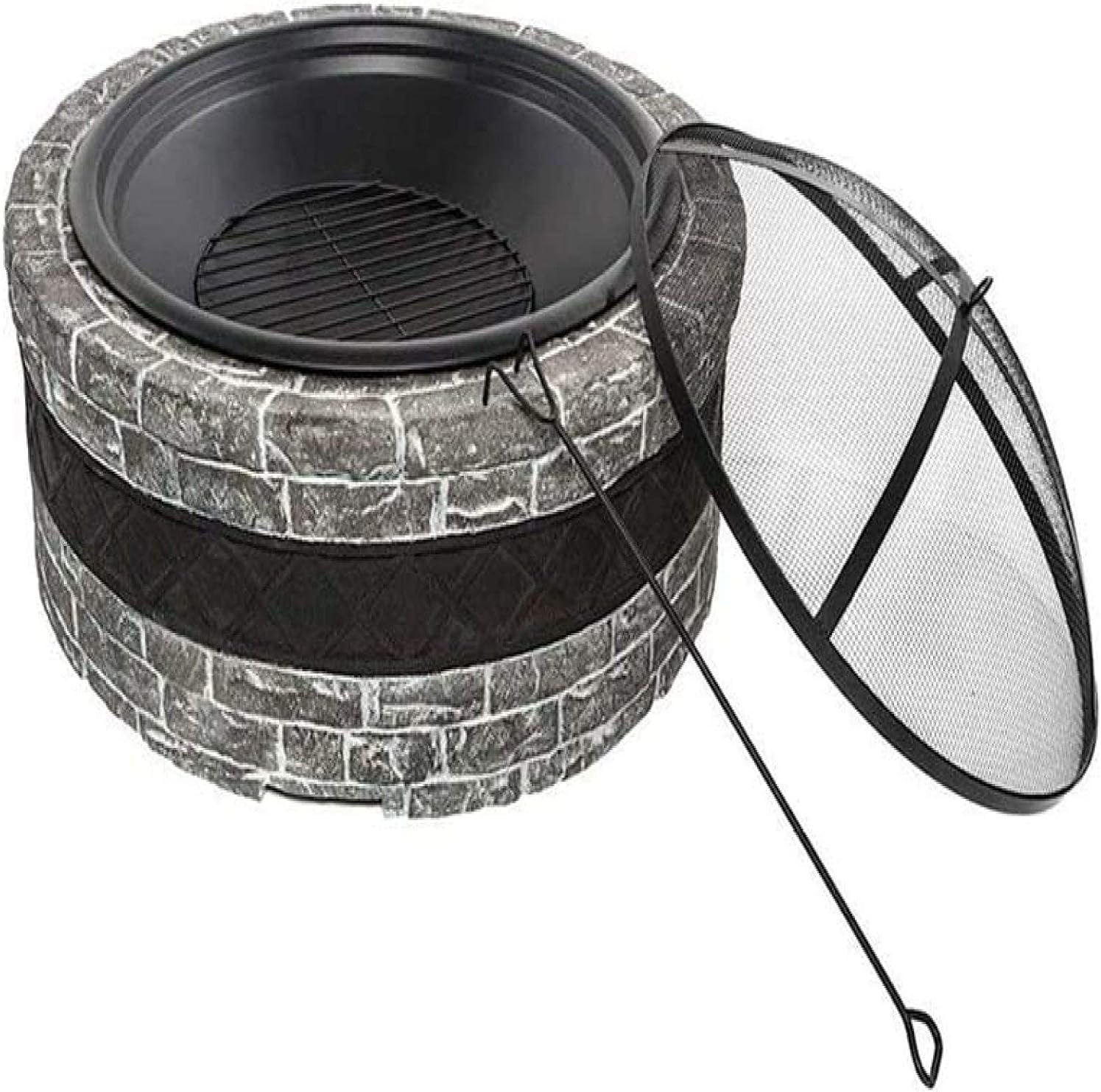 Fire Pit BBQ Grill Fire Bowl Round Charcoal Heating Brazier Imitation Stone Wood Grain Stove