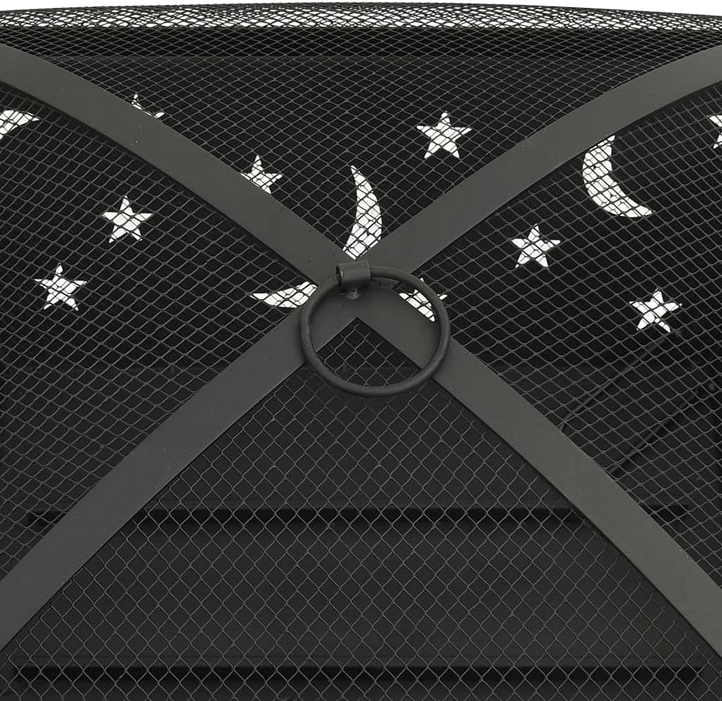 vidaXL XXL Steel Fire Pit - Outdoor Warming Solution with Mesh Cover, Poker & Convenient Ring Handle for Carriage - Atmospheric Black Exterior