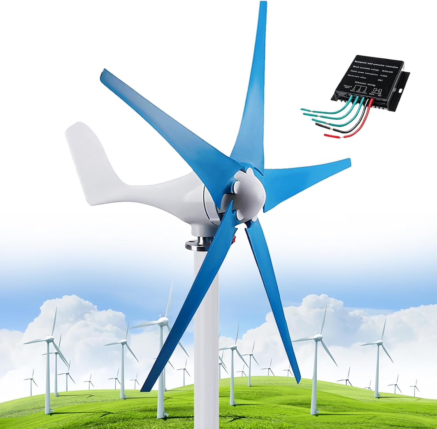 Wind Turbine 12000W DC 12V/24V/48V 5 Blade Wind Vertical Generator 3 Phase AC Permanent Magnet Generator Wind Turbine Kit with Controller for Boats, Gazebos, Chalets, or Mobile Homes,Blue-12V