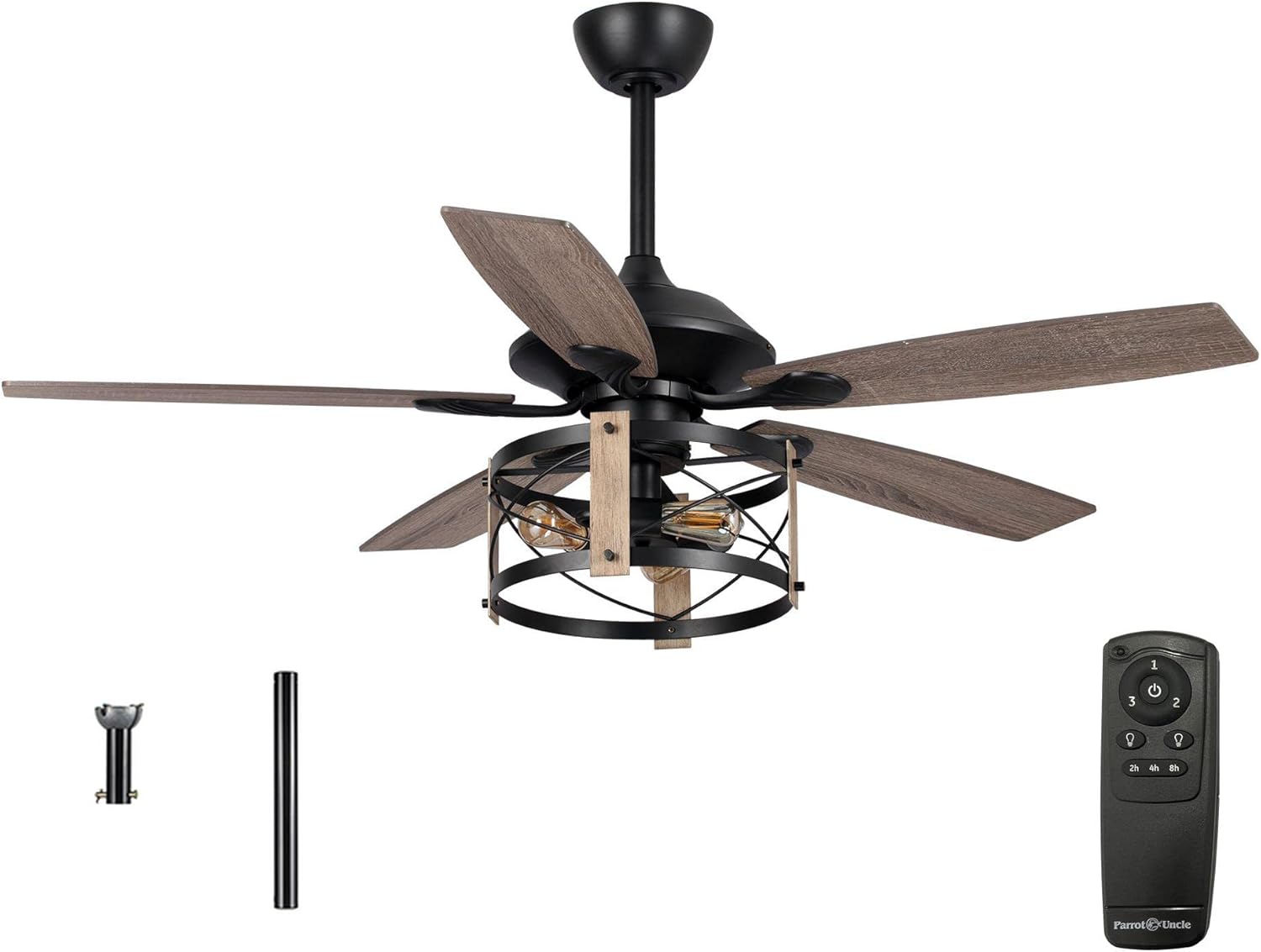 Parrot Uncle Ceiling Fans with Lights and Remote Farmhouse Ceiling Fan with Light 52 Inch Black Outdoor Ceiling Fans for Patios Covered, Reversible Motor