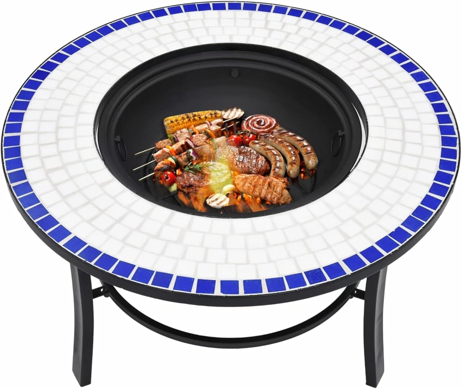 Mosaic Ceramic Fire Bowl Blue and White 68 cm Outdoor Fire Pit Garden Fire Pit Fire Bowl Black for Garden Terrace