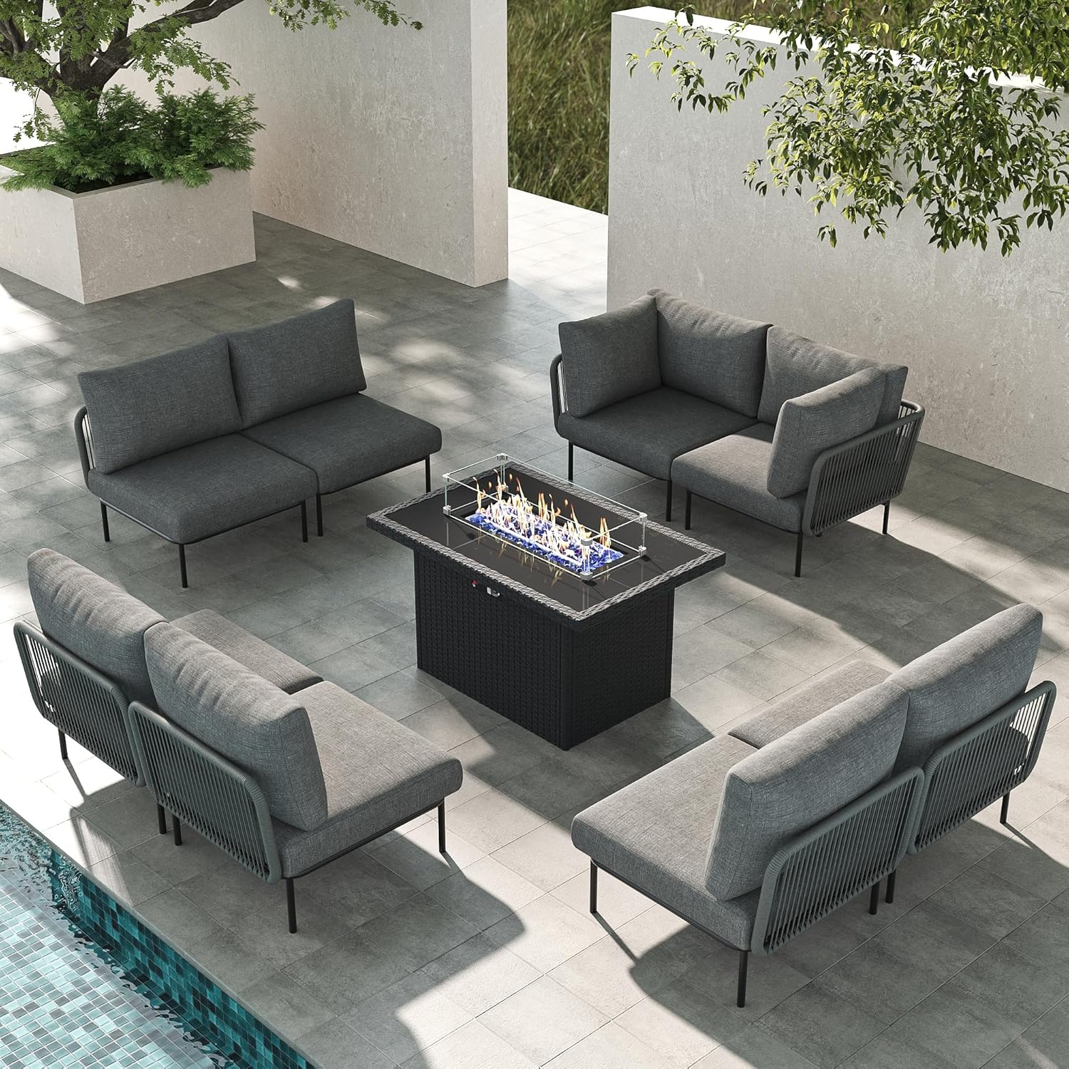 LayinSun 9 Pieces Aluminum Patio Furniture Set, Modern Modular Sectional Sofa with Fire Pit Table and Upgrade Thickness Cushion