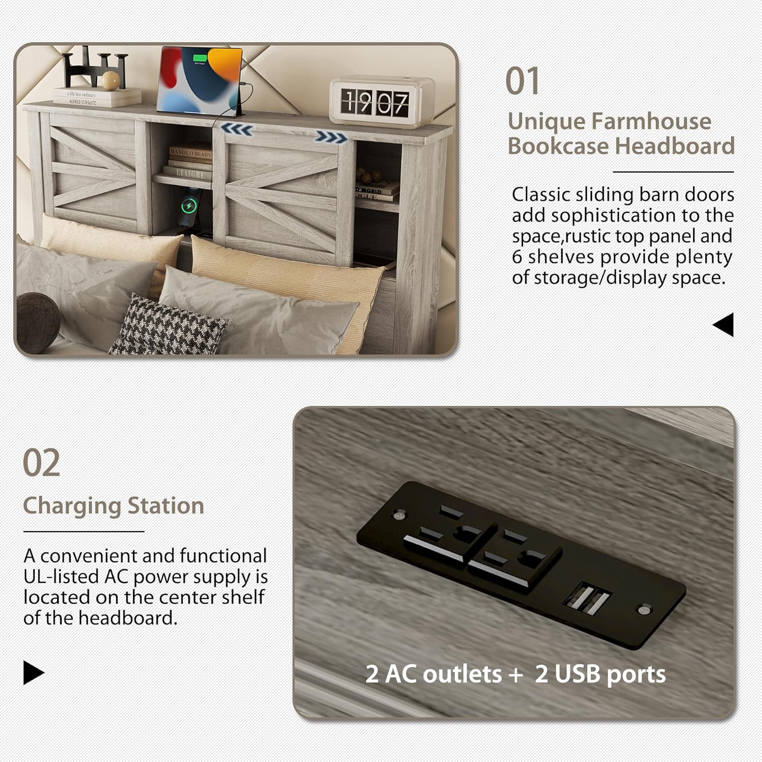 Farmhouse Bed Frame with Storage Headboard and Charging Station, Wood Queen Bed Frame with Sliding Doors, Farmhouse Platform Bed with USB Ports Antique Gray (Product H)