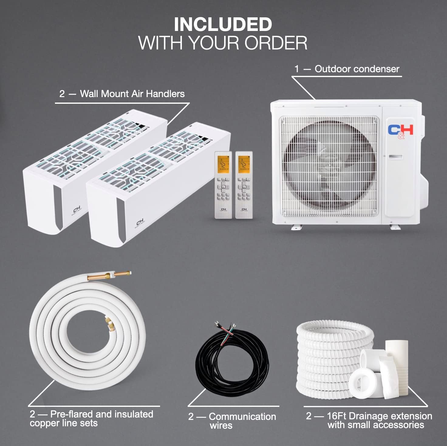 Cooper&Hunter 18,000 BTU Dual Zone 6,000 + 9,000 BTU Multi Zone, 22.9 SEER2, Wall Mount Ductless Mini Split A/C Air to Air Inverter Heater Including 25ft Installation Kits