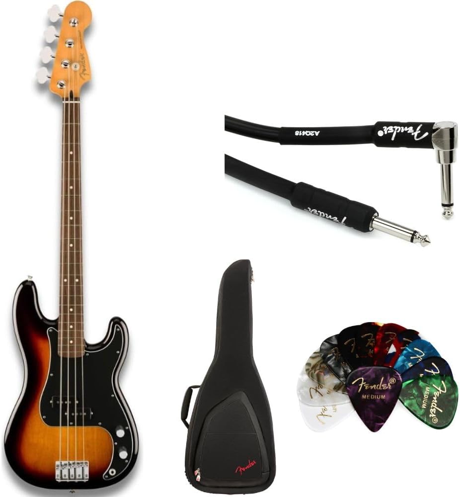 Fender Player II Precision Bass 3 color Sunburst w/Rosewood Bundle with Fender Electric Guitar Bag Black, Fender Classic Celluloid Guitar Picks 12-Pack and 10ft Fender Instrument Cable Black