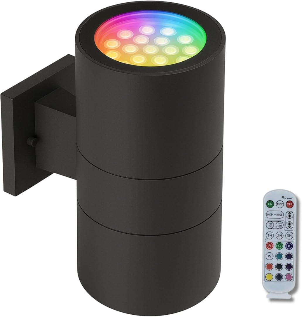LED Up Down Light 18W RGBW 3000k | Modern Outdoor Lights for Porch Patio Light | Aluminum Cylinder and Tempered Glass Cover | Waterproof | Wall Sconce Multicolor- 2x18W RGBW (36W) Total