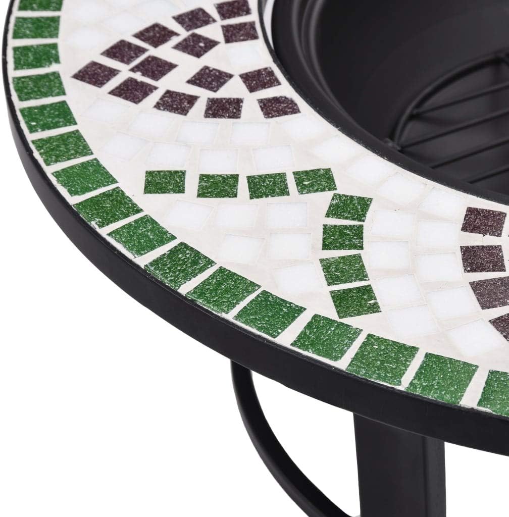 Mosaic Fire Pit Green 26.8 Inch Ceramic Outdoor Patio Heater with Tabletop, Steel Fire Bowl & BBQ Grill for Garden Backyard, 3-Leg Stand, Decorative Warmth