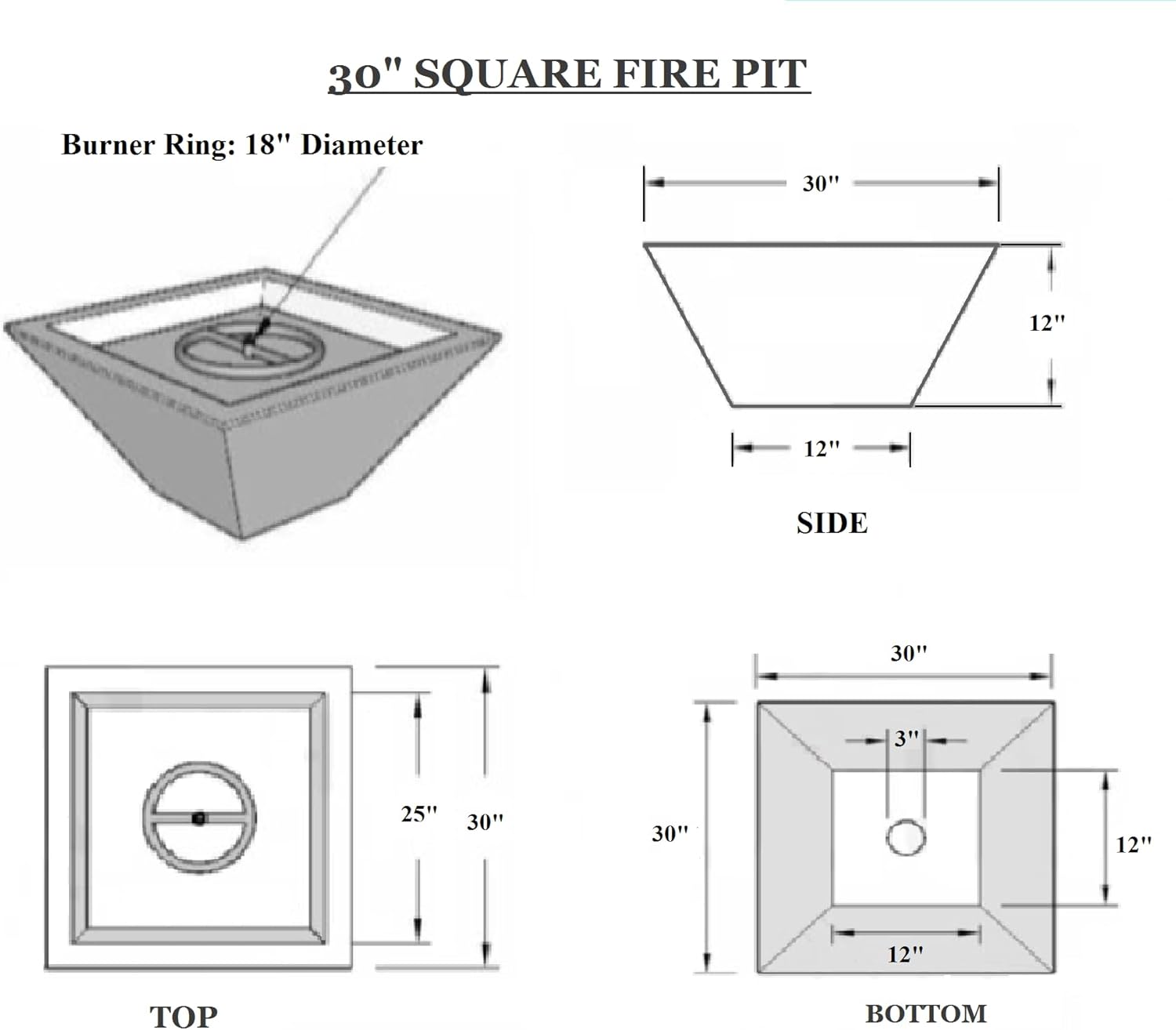30 Inch Hammered Copper Bowl Square Propane or Natural Gas Fire Pit with 18 inch Diameter Burner Ring 147,000 BTU