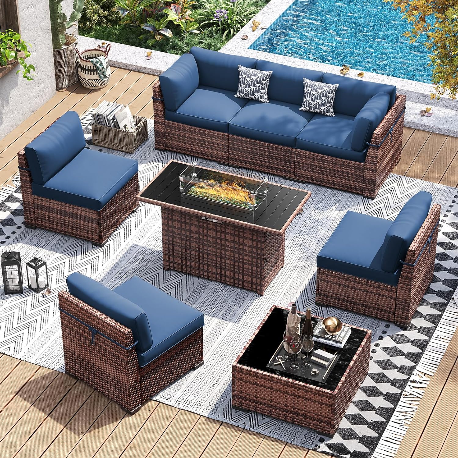UDPATIO Patio Furniture Set with 44'' Fire Pit Table,Modular Outdoor Furniture Sets,Slanted Back Outdoor Sectional Conversation Set PE Rattan Sofa for Backyard W/Coffee Table,4'' Cushions,8 PCS,Blue