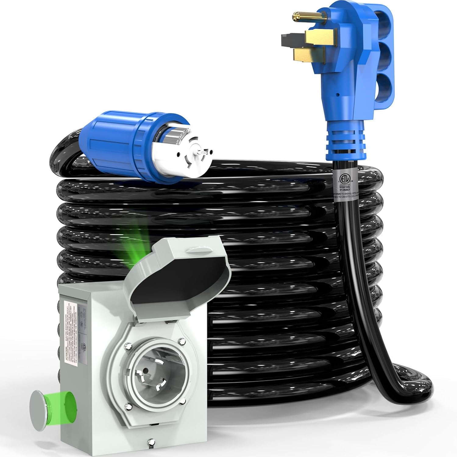 50 Amp Generator Cord and Power Inlet Box, 25FT 4 Prone RV Extension Cord, 125/250V NEMA 14-50P Male to SS2-50R Twist Locking Connector, STW 6/3+8/1 AWG, Transfer Switch for Home Generator