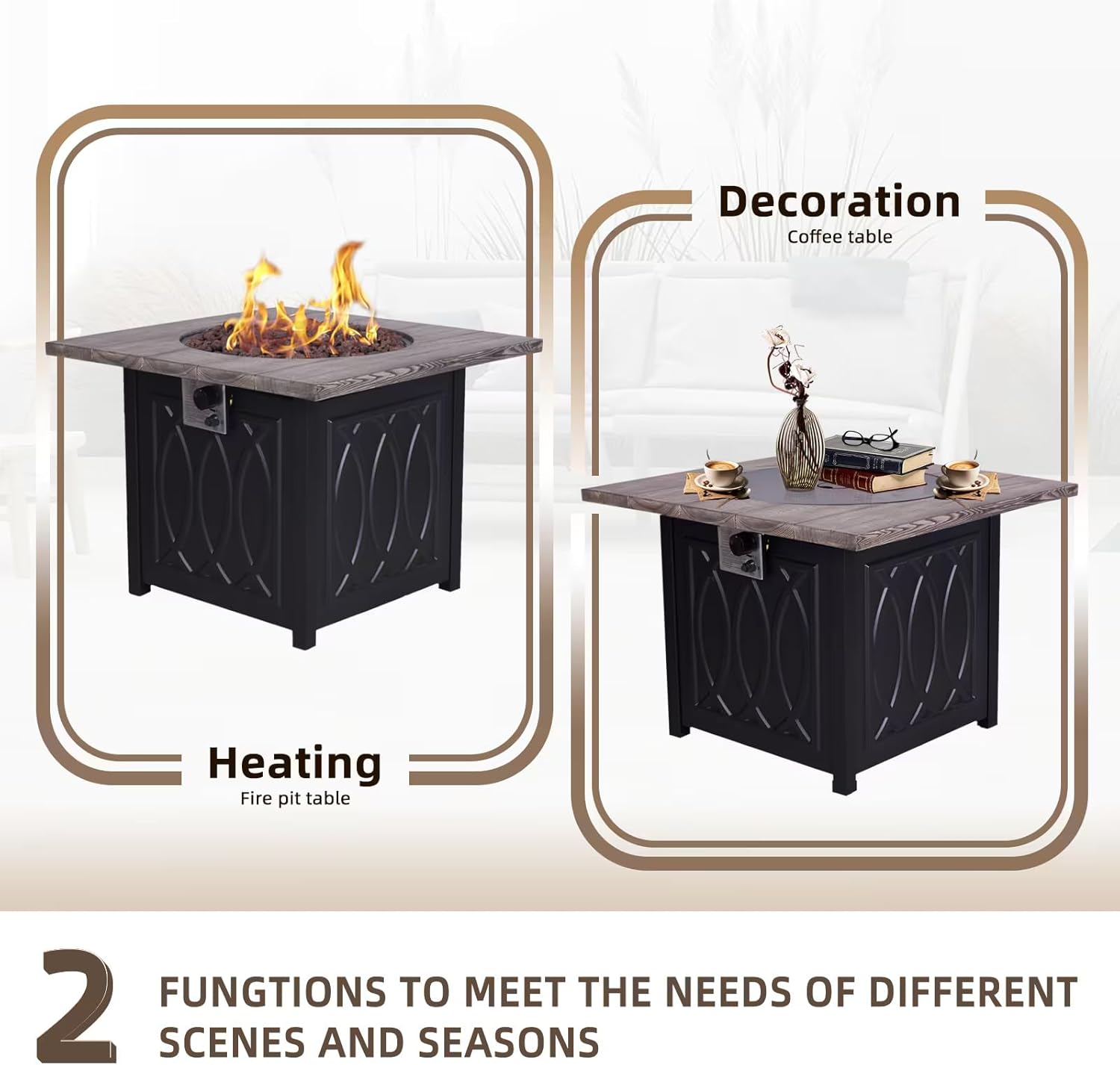 32 Inch Faux Woodgrain Table top and Steel Base Propane Outdoor Fire Pit Table with Lid