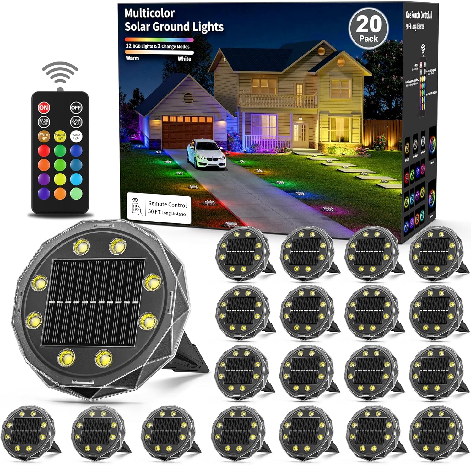 Solar Ground Lights with Remote Control 50ft,IP67 Waterproof Solar Garden 15 Multi Color Lights,RGBYW Solar Powered Outdoor Landscape Lighting for Pathway,Yard,Deck,Lawn,Patio,Walkway,Poolside,20 Pack