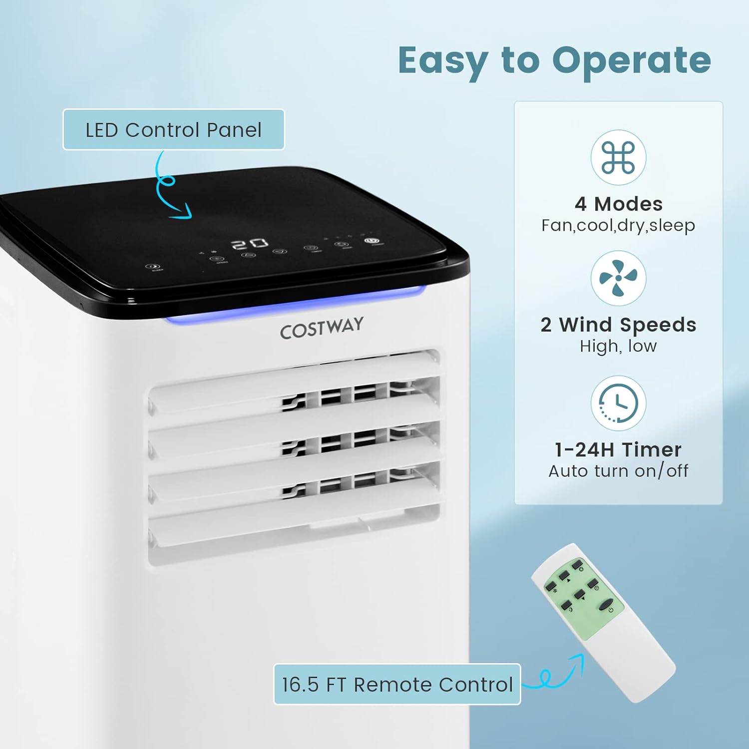COSTWAY Portable Air Conditioners, 8000 BTU Portable AC Unit for Rooms up to 300 Sq.Ft with Cool, Fan, Dry & Sleep Mode, Timer, Remote Control & Window Vent Kit, 3-in-1 Portable AC for Bedroom, Office