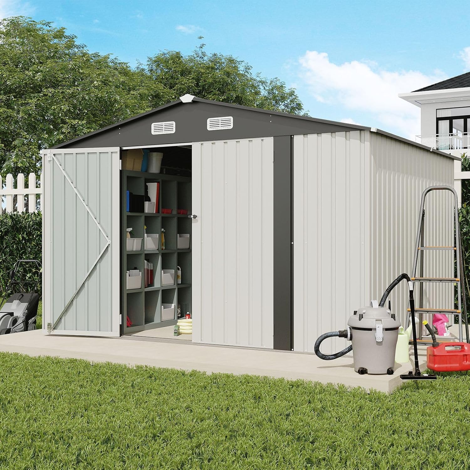 Verano Garden 10x8 FT Outdoor Storage Shed, Galvanized Steel Metal Garden Shed, Double Door W/Lock, Outdoor Storage Tool House for Backyard, Patio, Lawn