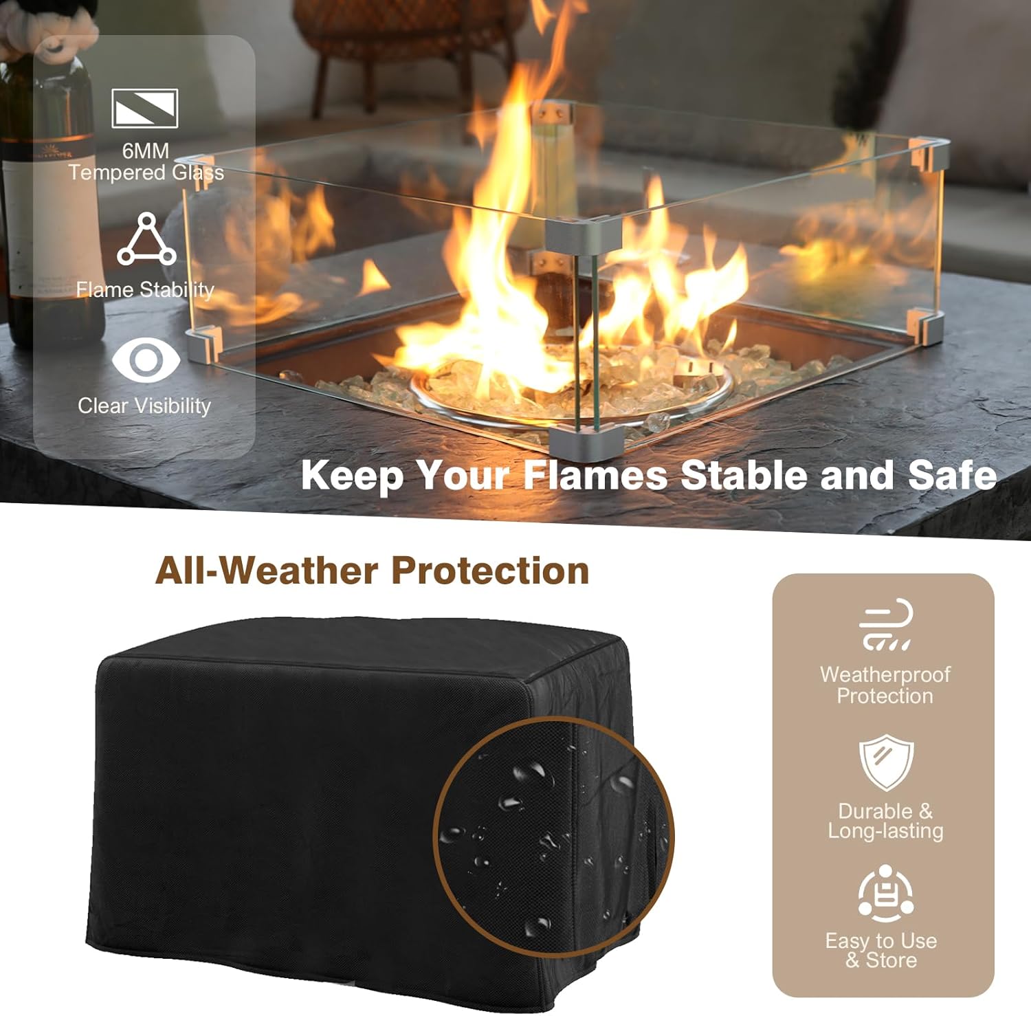 4-Piece Propane Fire Pit Table Set w Glass Wind Guard & Fire Glass Beads & Rain Cover, 35-Inch Square Outdoor Gas Fire Table 50,000 BTU for Patio, Black Terrazzo with Slate-Stone Look