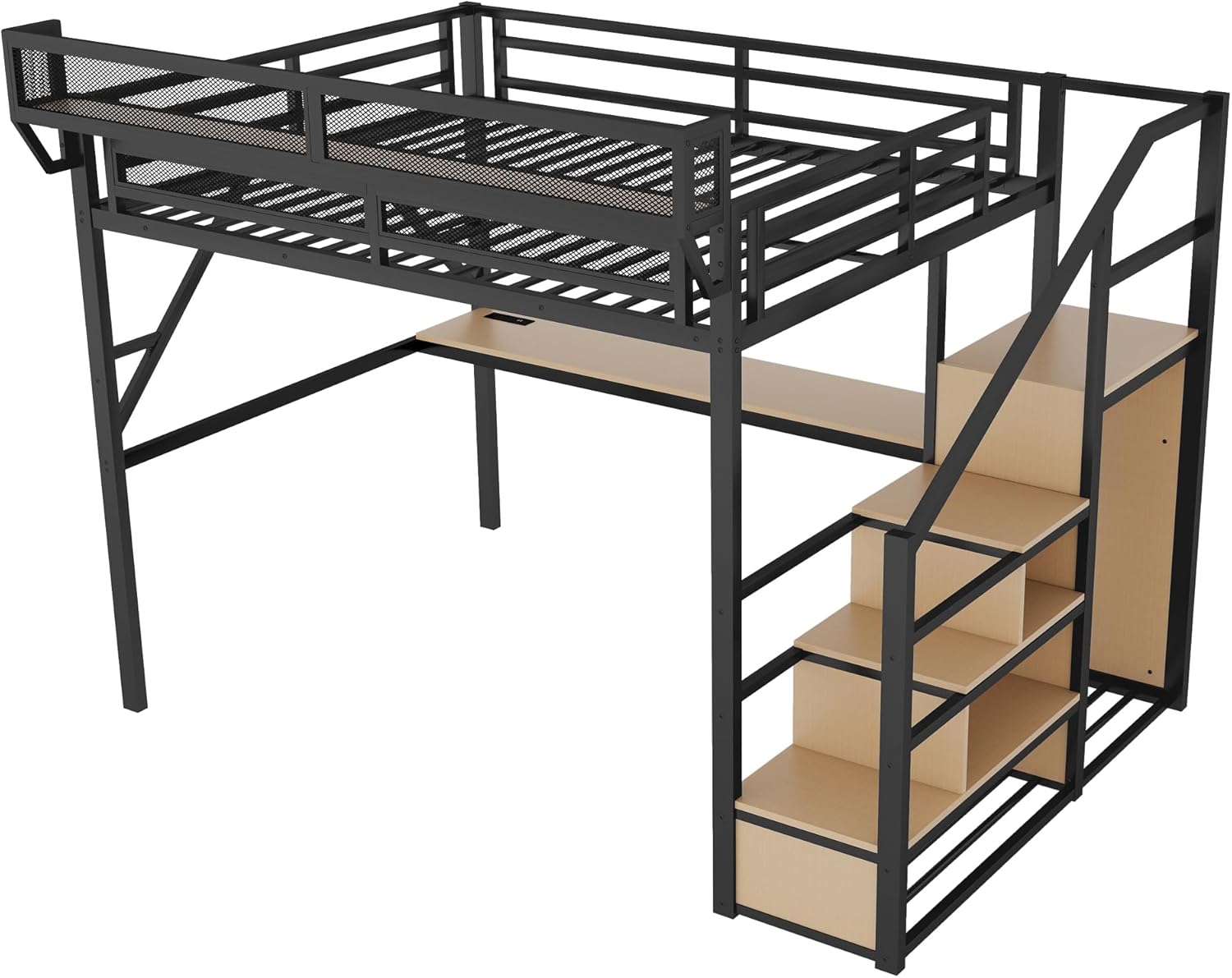 Queen Size Loft Bed with Desk, Loft Bed Queen with Stairs and Charging Station, Modern Metal Beds Frame with Light and Safety Guardrails for Kids/Teens, Patent Products, Black